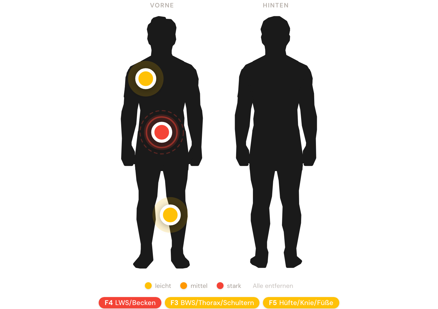 Body-Map in lucar mit drei Schmerzpunkten und automatischer Zonenerkennung (F3 BWS, F4 LWS, F5 Hüfte)